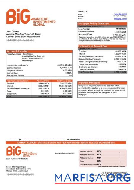 Downloadable Mozambique Banco BIG Moçambique mortgage statement Word and PDF template